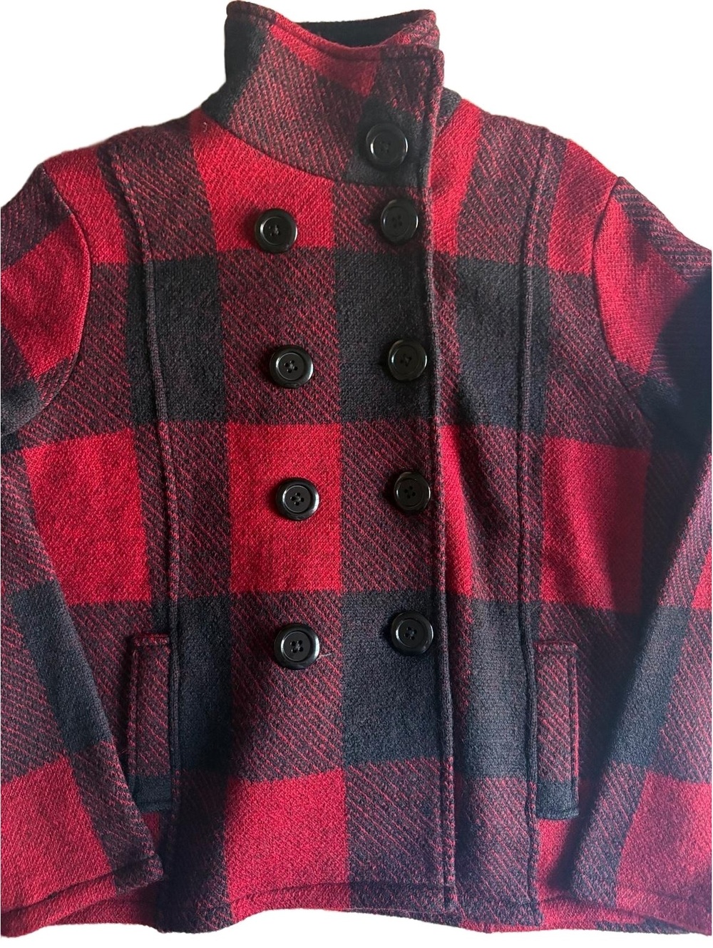 Vintage Keren Hart Women's Red and Black Plaid Wool Pea Coat Jacket